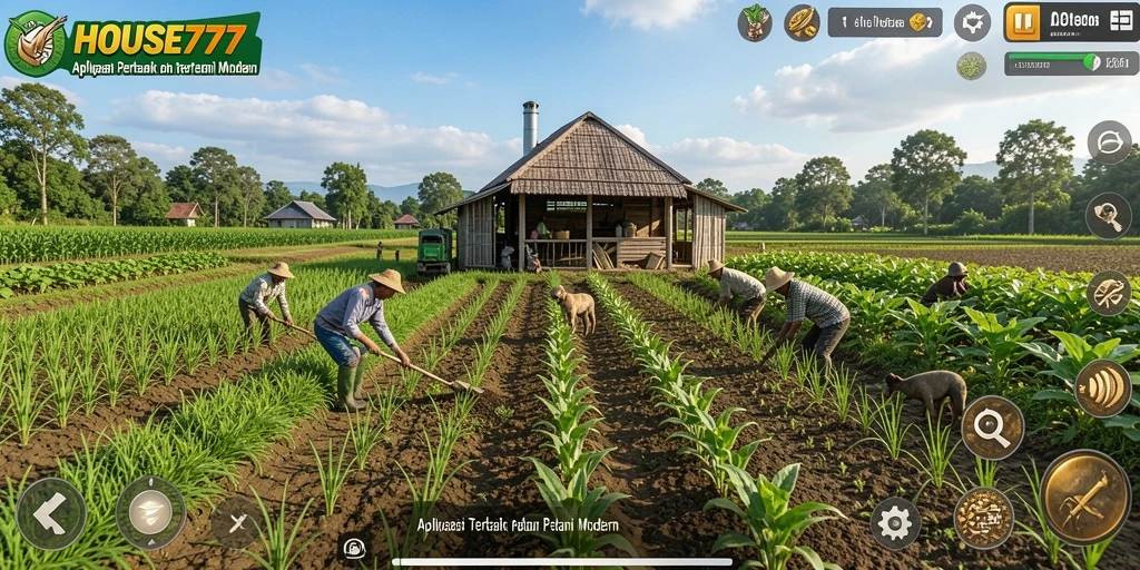 Tampilan gameplay menarik dari HOUSE777 dengan kebun yang asri dan berwarna.