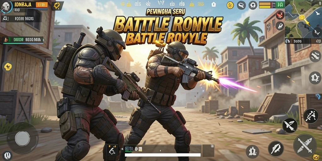 Tampilan gameplay mendebarkan dari IDNRAJA di arena Battle Royale.