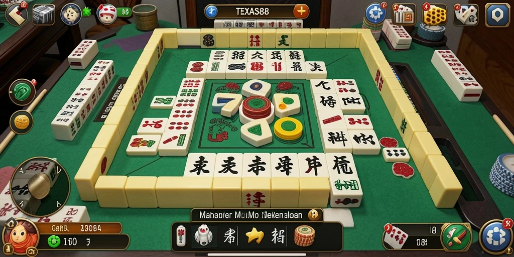 Tampilan gameplay seru di TEXAS88 dengan ubin Mahjong berwarna-warni.